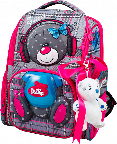 Шкільний рюкзак (ранець) з ортопедичною спинкою сіро-рожевий для дівчинки Delune з Мишком для першого класу 36х26х15,5 см (11-026)