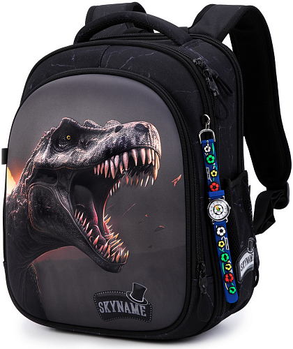 Шкільний рюкзак (ранець) з ортопедичною спинкою чорний для хлопчика Winner /SkyName з Динозавром 36х30х16 см для початкової школи (6054)