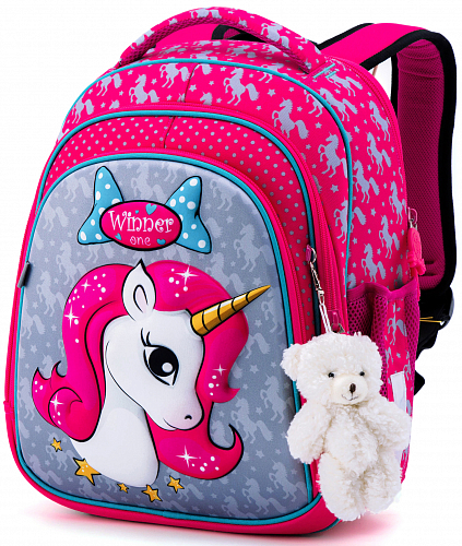 Ортопедичний рюкзак (ранець) у школу сіро-рожевий для дівчинки Winner  з Єдинорогом 36х29х14 см для 1 класу (5003)