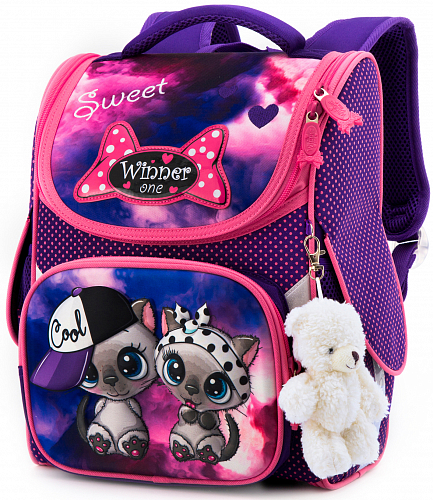 Ортопедичний шкільний рюкзак (ранець) фіолетовий для дівчинки Winner  з Котом 34х26х14 см в 1 клас (2039)