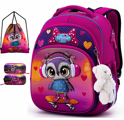 Ортопедический рюкзак (ранец) с пеналом и мешком розовый для девочки Winner для первоклассника (Full 7002)