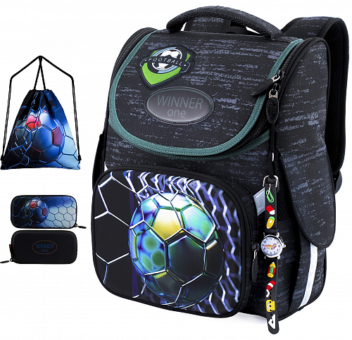 Шкільний рюкзак (ранець) з ортопедичною спинкою з мішком і пеналом чорний для хлопчика Winner one для першокласника (Full 2050)