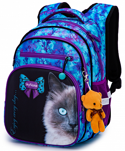 Шкільний рюкзак з ортопедичною спинкою для дівчинки синій з Котиком Winner /SkyName 37х30х18 см для молодших класів (R3-246)