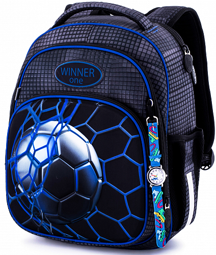Ортопедичний рюкзак (ранець) для хлопчика чорний Winner One з Футболом 36х29х16 см для першокласника (7010)