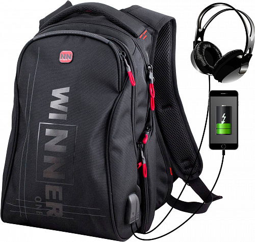 Підлітковий рюкзак з ортопедичною спинкою  чорний з usb портом для хлопців Winner  / SkyName 90-103 (R)