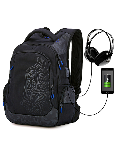 Підлітковий рюкзак з ортопедичною  спинкою чорний  с usb портом для мальчиков Winner  / SkyName (90-125BL)