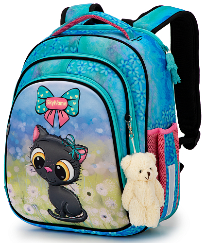 Шкільний рюкзак (ранець) з ортопедичною спинкою бірюзовий для дівчинки Winner /SkyName з Котиком 36х30х16 см для початкової школи (5023)