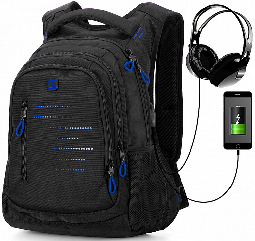 Підлітковий рюкзак з ортопедичною спинкою чорний з USB портом Winner  / SkyName (90-129 B)