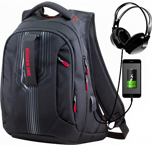 Підлітковий рюкзак з ортопедичною спинкою чорний  з usb портом для хлопців Winner  / SkyName (90-106 R)